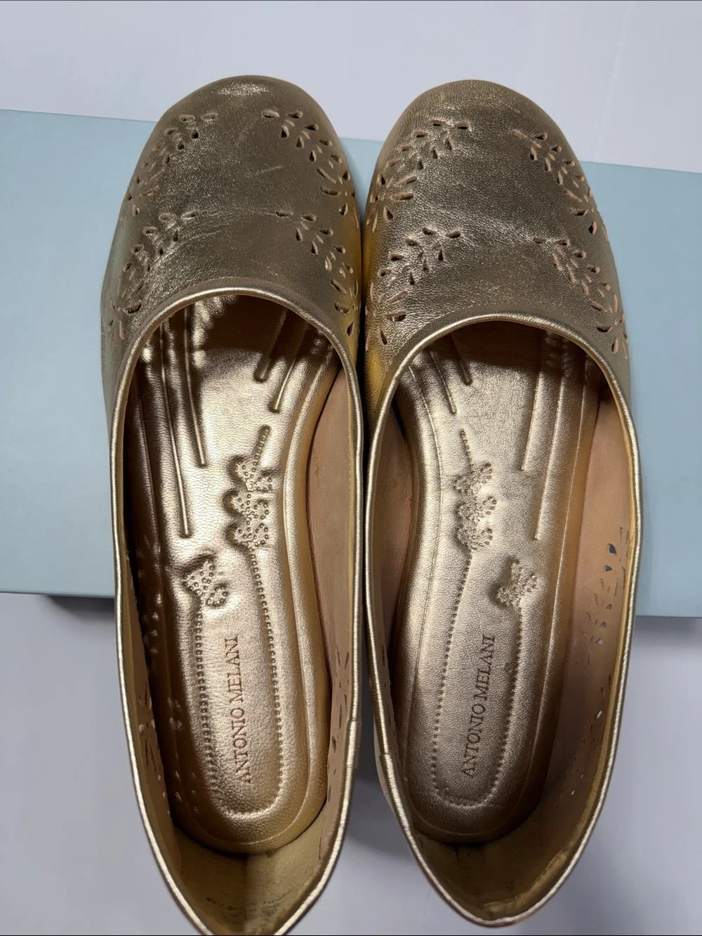 Antonio Melani Glimmer Gold Leather Ballet Flats - Lightweight Slip-On 8.5 NWT